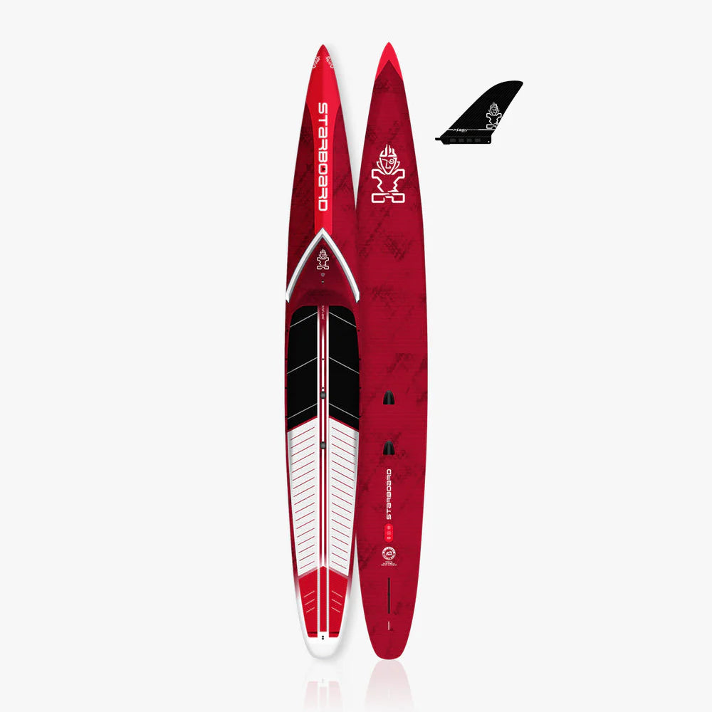 Red and white paddleboard with fins on a white background. Carbon Reflex Sandwich construction