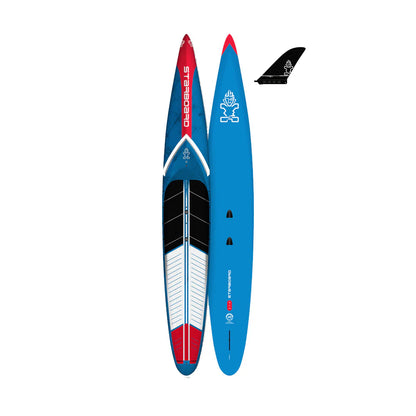 Blue and red stand-up paddleboard with a fin on a white background. Blue wood carbon construction